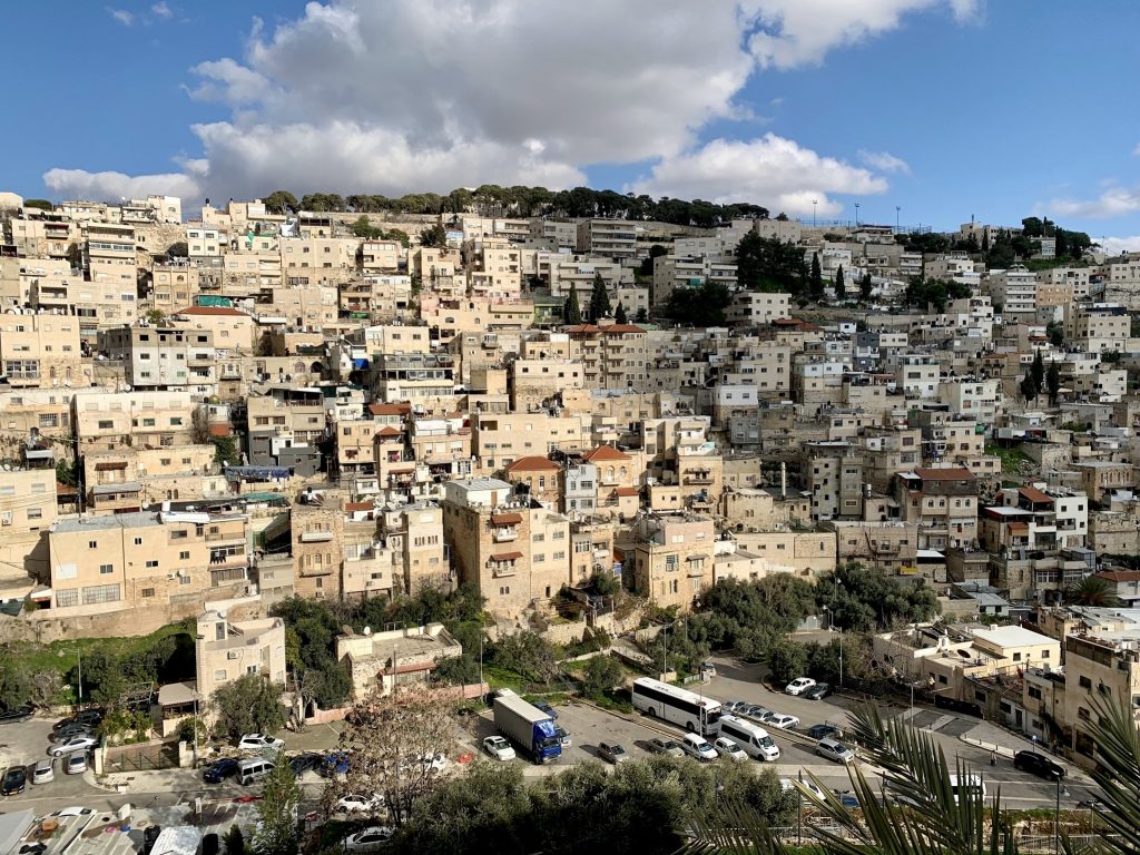 A wide shot of a built-up area